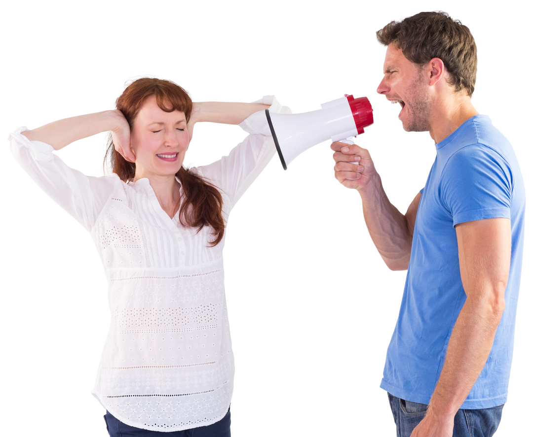 Man Shouting through Transparent Megaphone at Woman Blocking Ears - Download Free Stock Images Pikwizard.com