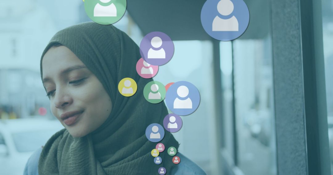 Smiling Woman in Hijab with Social Media Icons in Urban Setting