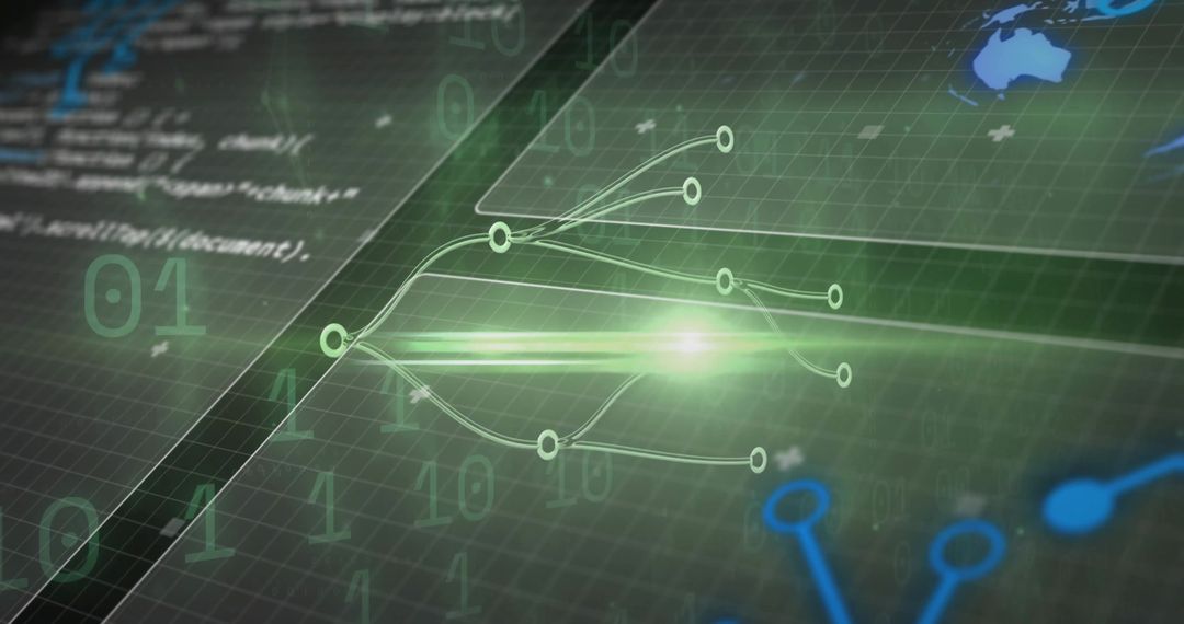 Glowing Network Node with Branching Digital Connections on Green Binary Grid, Neon Tech