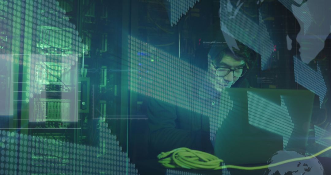 Hacker in Data Center Using Laptop for Cybersecurity Breach