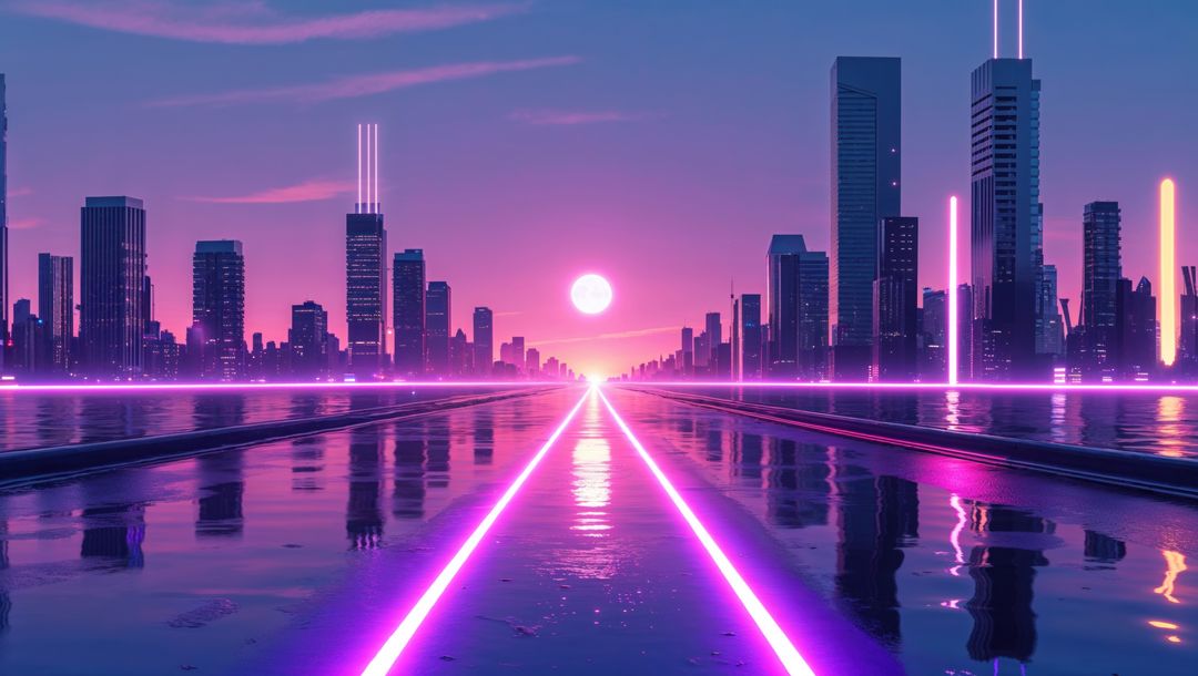 Futuristic Neon Cityscape with Twilight Reflection