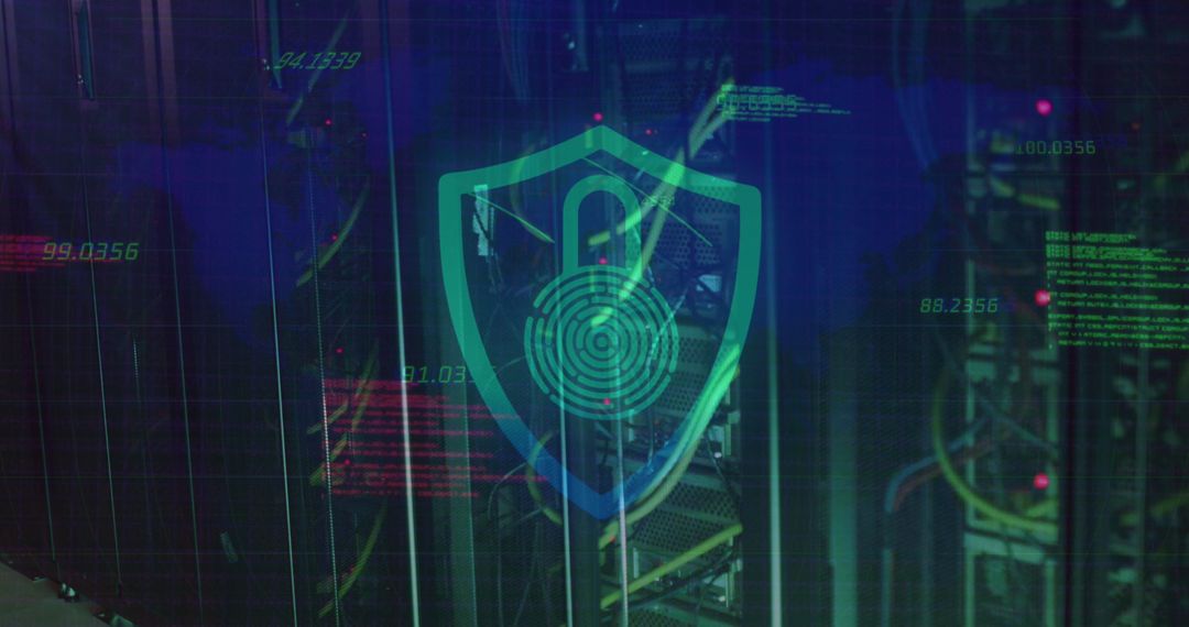Cybersecurity Shield Protecting Data Servers, Symbolizing Digital Security