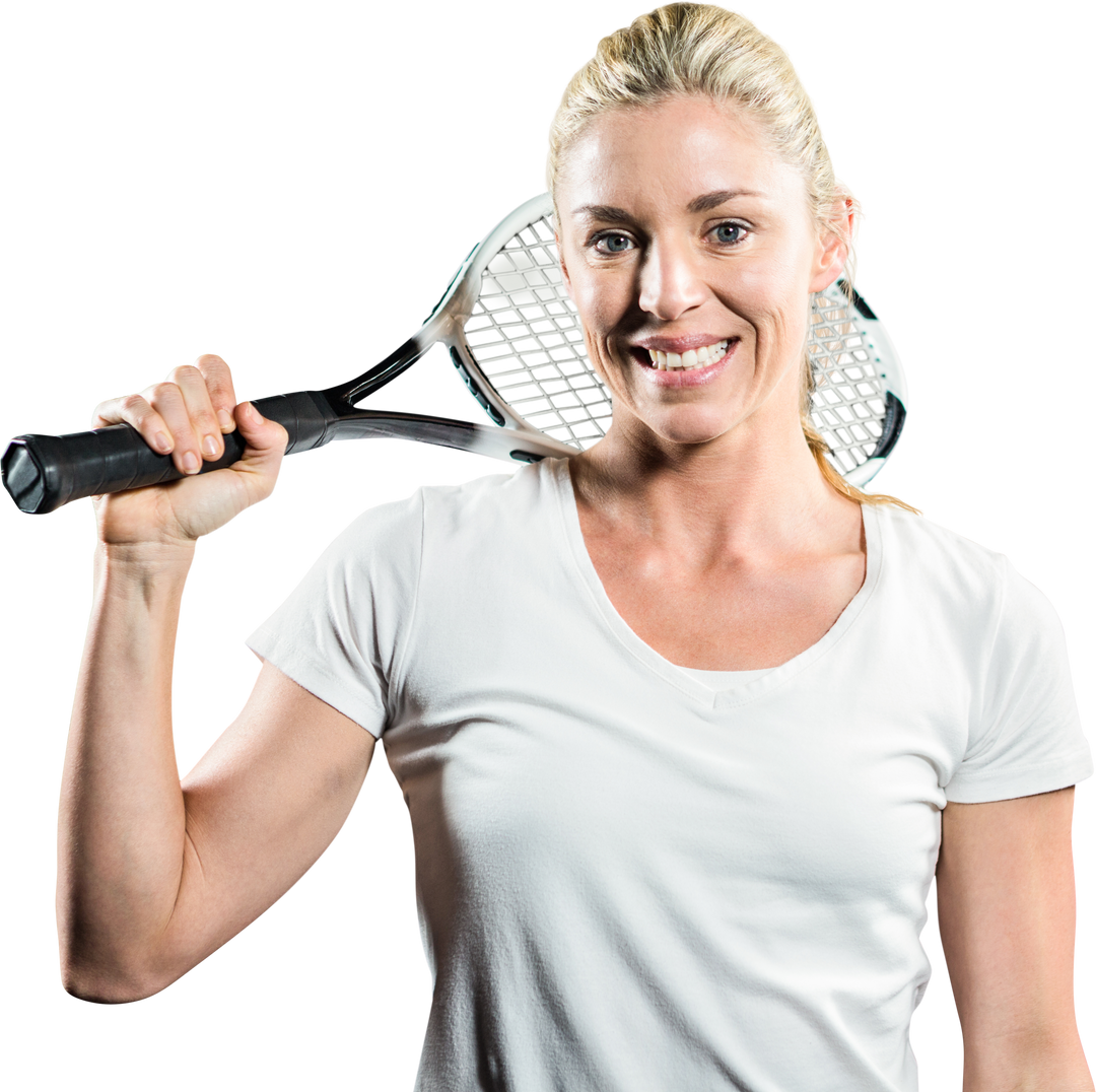 Smiling Female Athlete Posing with Tennis Racket on Shoulder Transparent Background - Download Free Stock Images Pikwizard.com