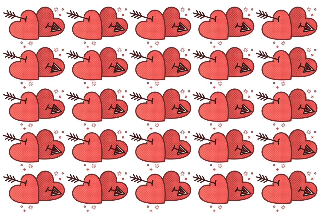 Transparent red hearts with arrows in repeating pattern