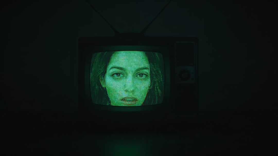 Retro CRT TV Displaying Female Face with Glowing Green Screen