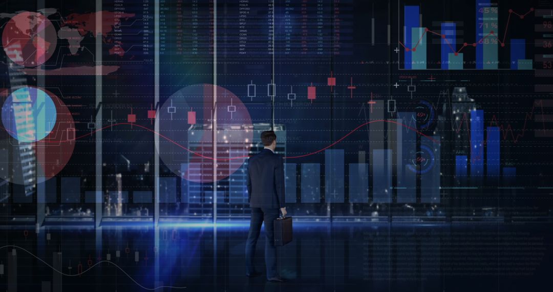 Businessman Analyzing Futuristic Financial Data Displays, Night Illuminations