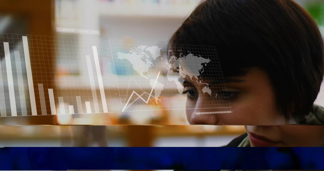 Professional Analyst Interacting with Holographic Data in Modern Office