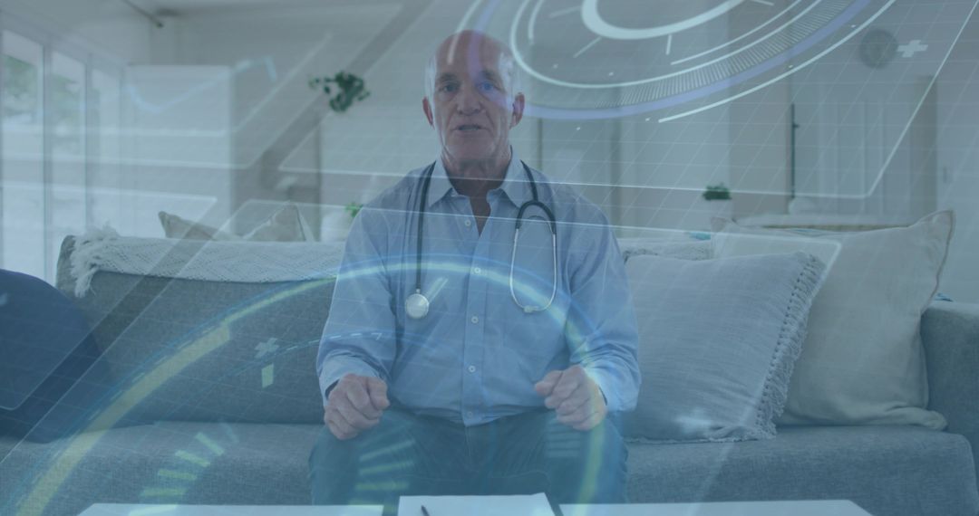 Senior Doctor Explaining Telemedicine Consultation with Holographic Interface