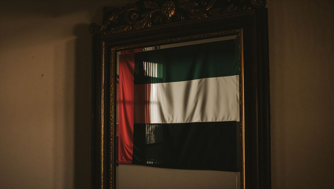 Ornate gilded mirror reflecting UAE flag with baroque frame and moody interior lighting