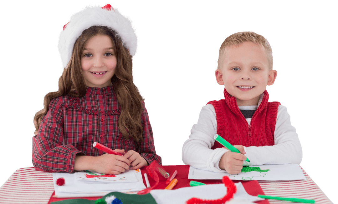 Cheerful Caucasian Children Drawing Christmas Crafts on Transparent Background