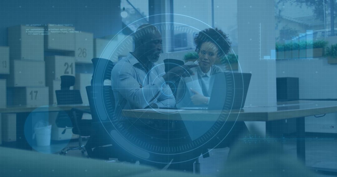 Corporate teamwork discussing laptop documents with HUD data overlay in modern workspace