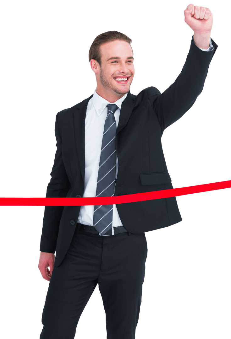 Transparent Happy Businessman Crossing Finish Line in Suit