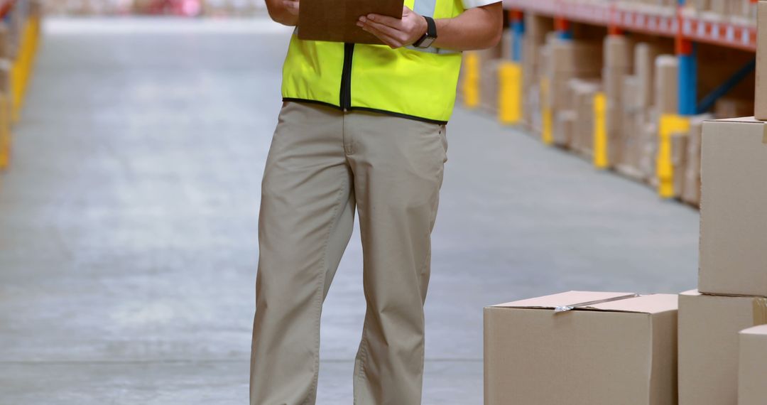 Warehouse Worker Writing on Clipboard Checking Inventory