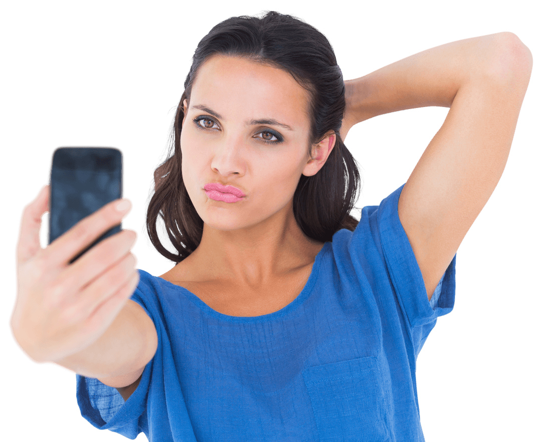 Brunette Woman Taking Selfie with Confident Pose on Transparent Background