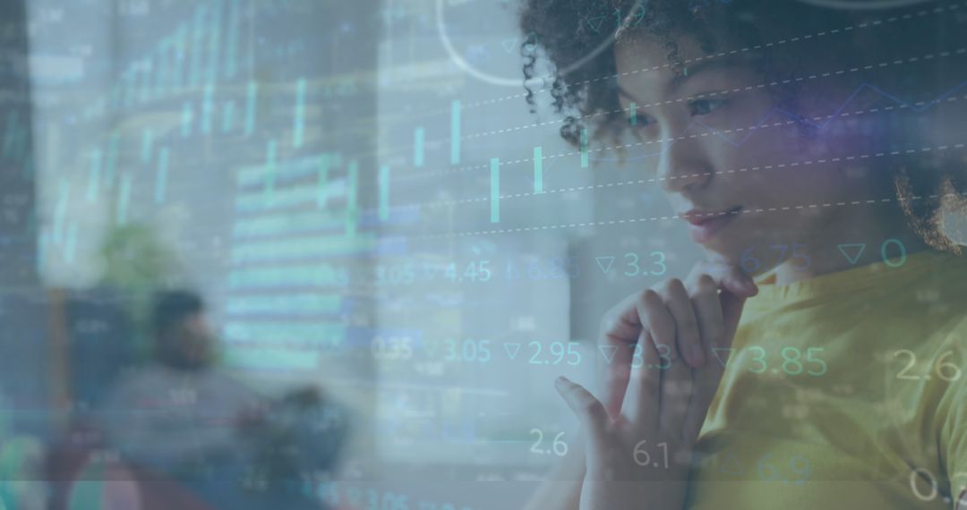 Woman Analyzing Digital Financial Charts in Modern Office Environment