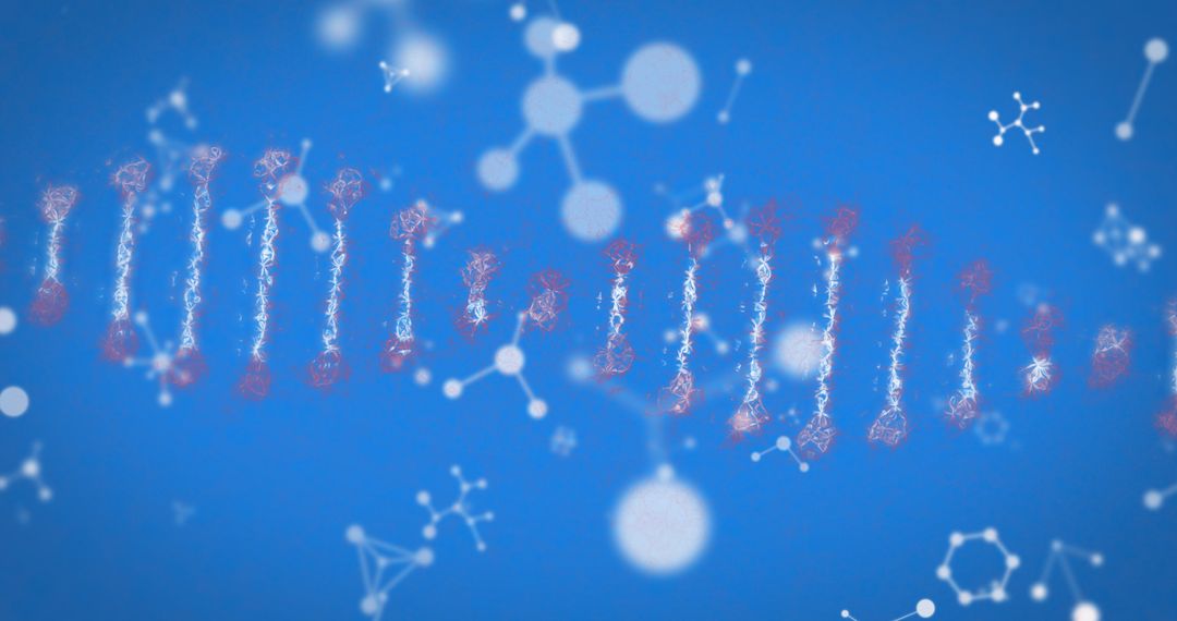 DNA Strand with Abstract Molecular Structures on Blue Background