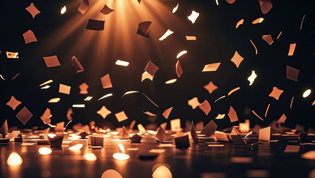 Floating Metallic Confetti Shapes Shimmer Under Spotlight