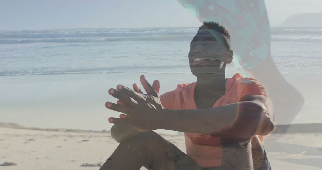 Man Enjoying Tranquil Beach Vibes with Overlapping Surf