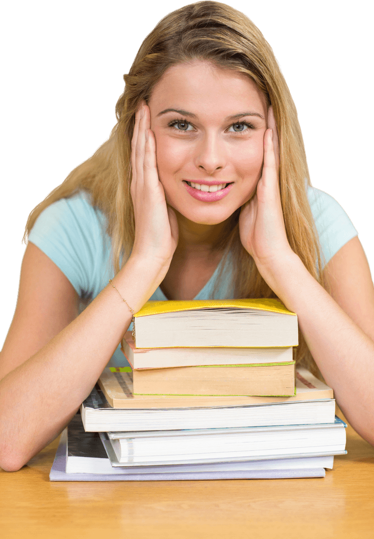 Transparent Smiling Student Overwhelmed with Books in Study Environment