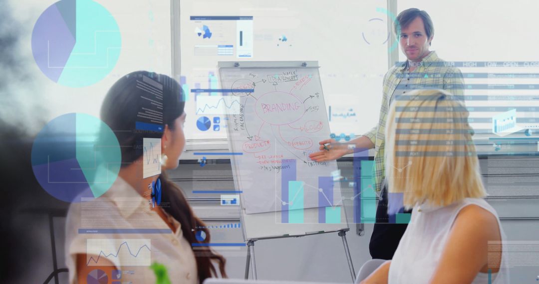 Team Collaborating with Digital Graphics Overlapping Strategy Discussion