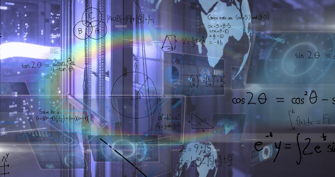 Mathematical Equations Overlaid on Server Room with Rainbow Light