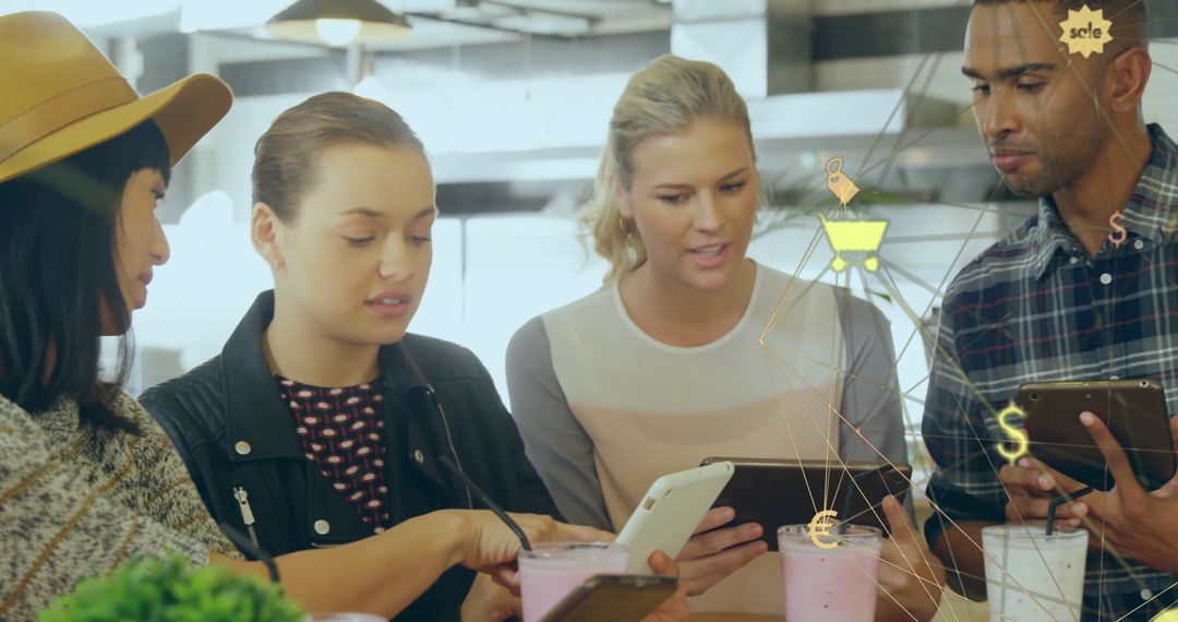 Diverse Colleagues Discussing Data Connectivity Network in Cafe