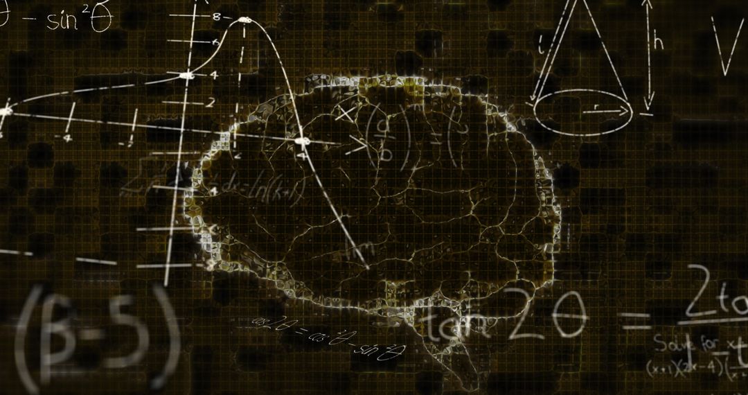 Digital Brain with Mathematical Equations on Dark Background