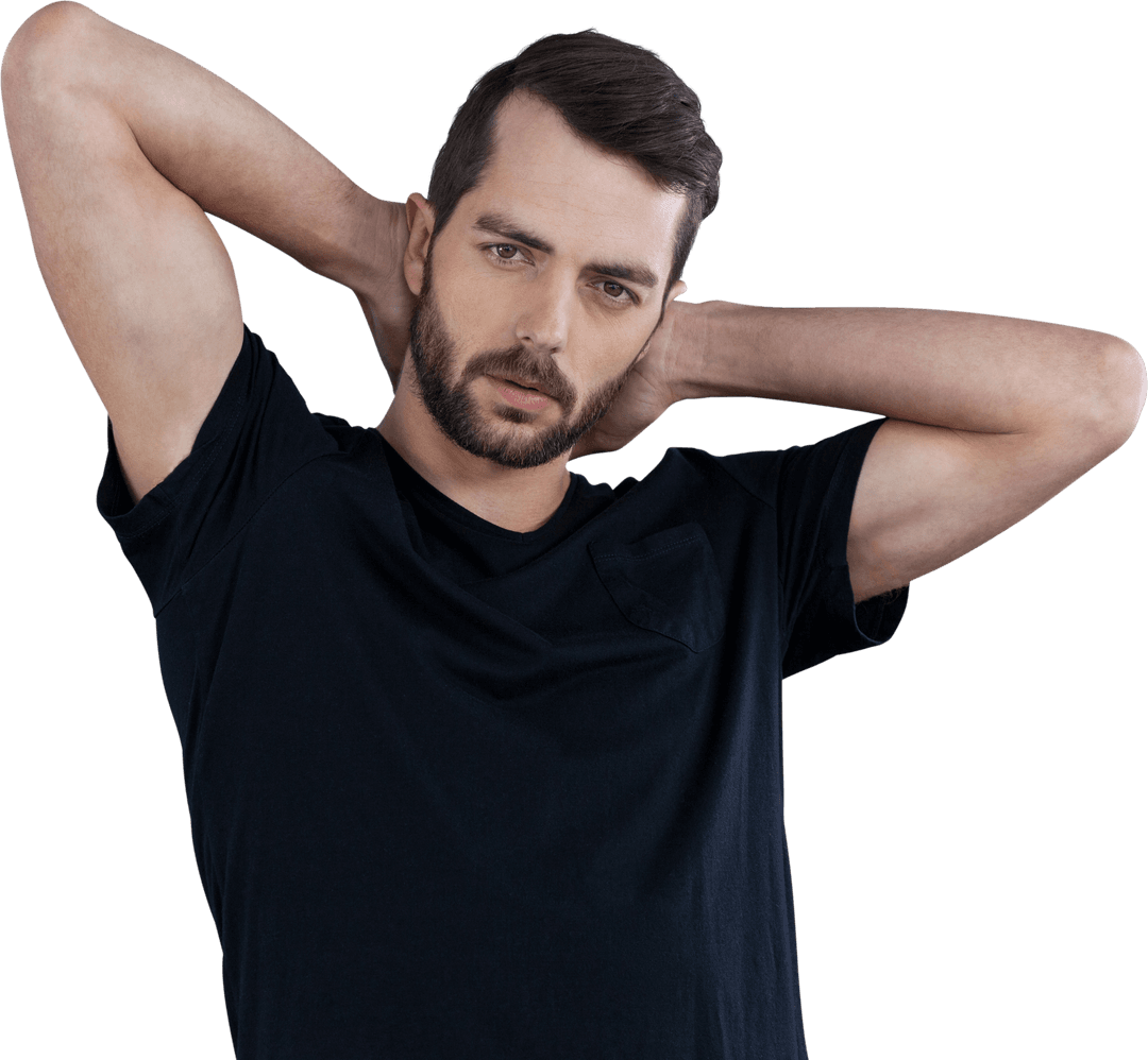Confident Man in Black Shirt with Hands Behind Head Transparent
