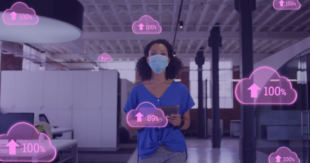 Female Doctor Analyzing Cloud Data with Futuristic Interface