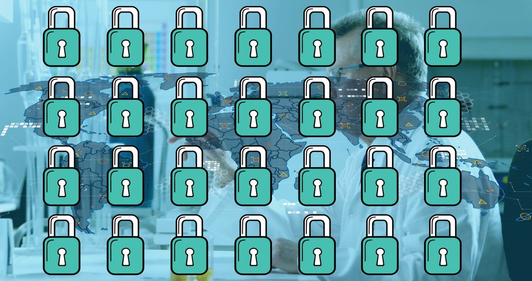 Global Science Security Overlay with Lock Icons on World Map