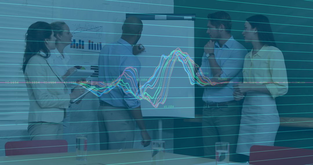 Diverse Team Analyzing Increase with Interactive Line Charts Superimposed