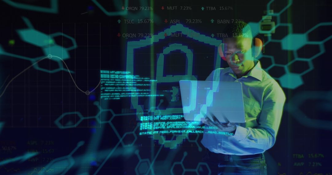 African American Technician Analyzing Data in a Secure Server Room