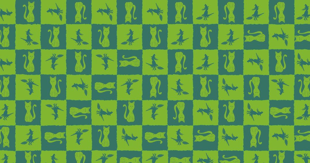 Green Halloween Pattern with Cats and Witches
