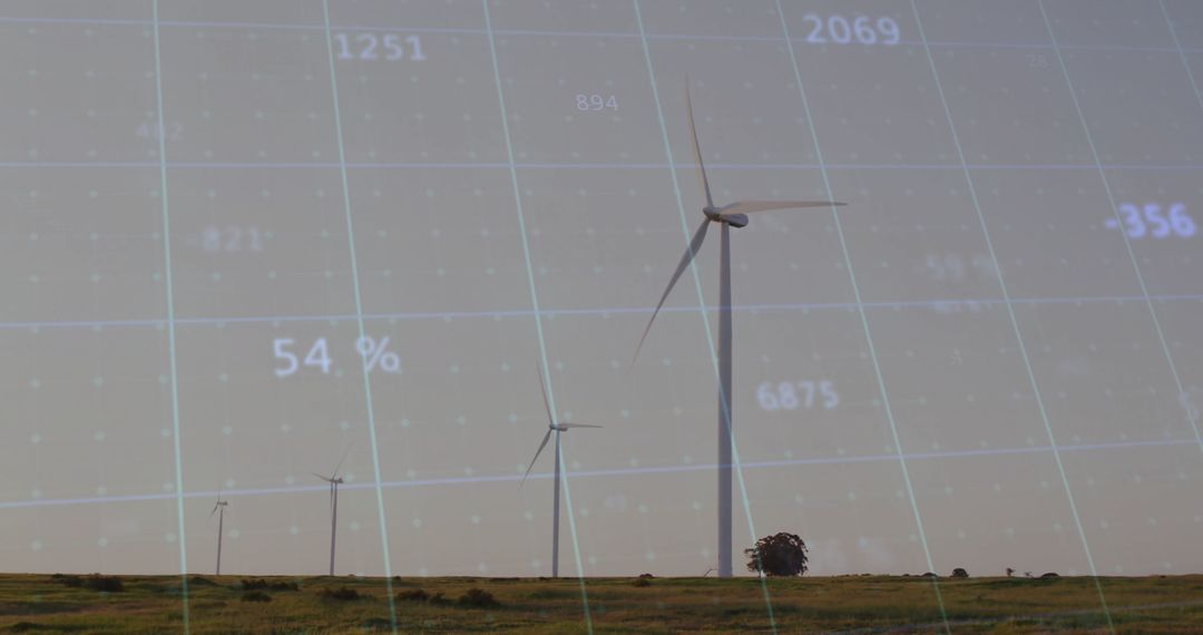 Wind Turbines on Rural Landscape with Modern Data Overlay