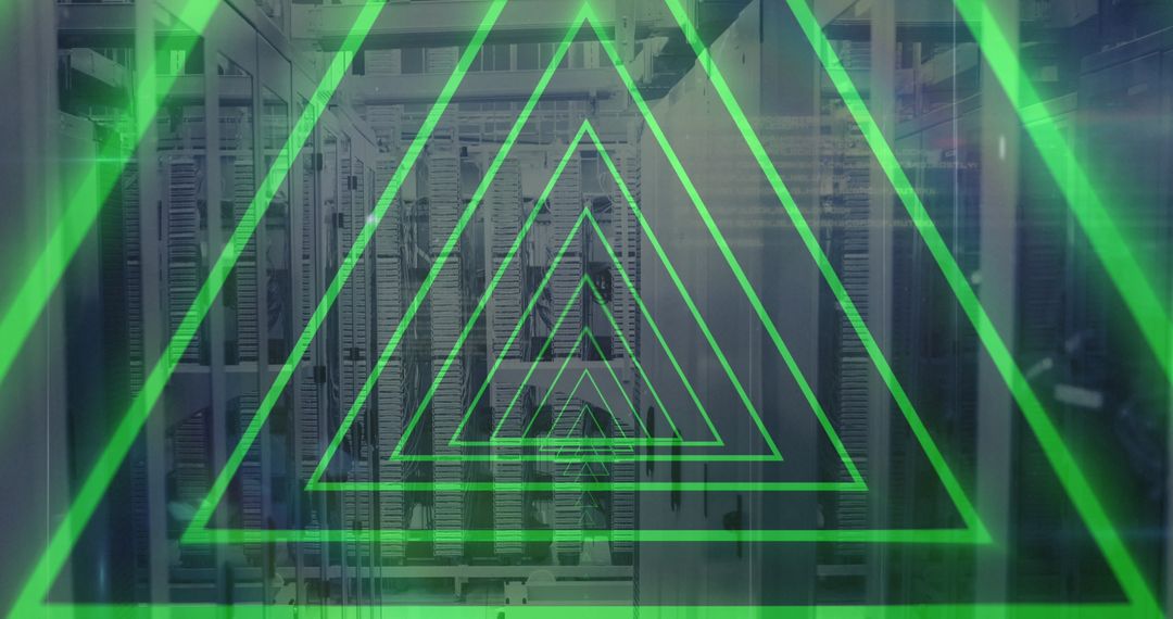 Futuristic Data Center with Neon Geometric Overlay