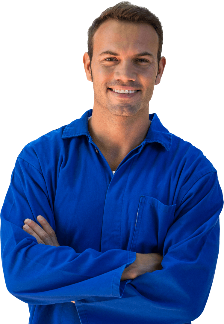 Confident Mechanic in Blue Uniform with Transparent Background