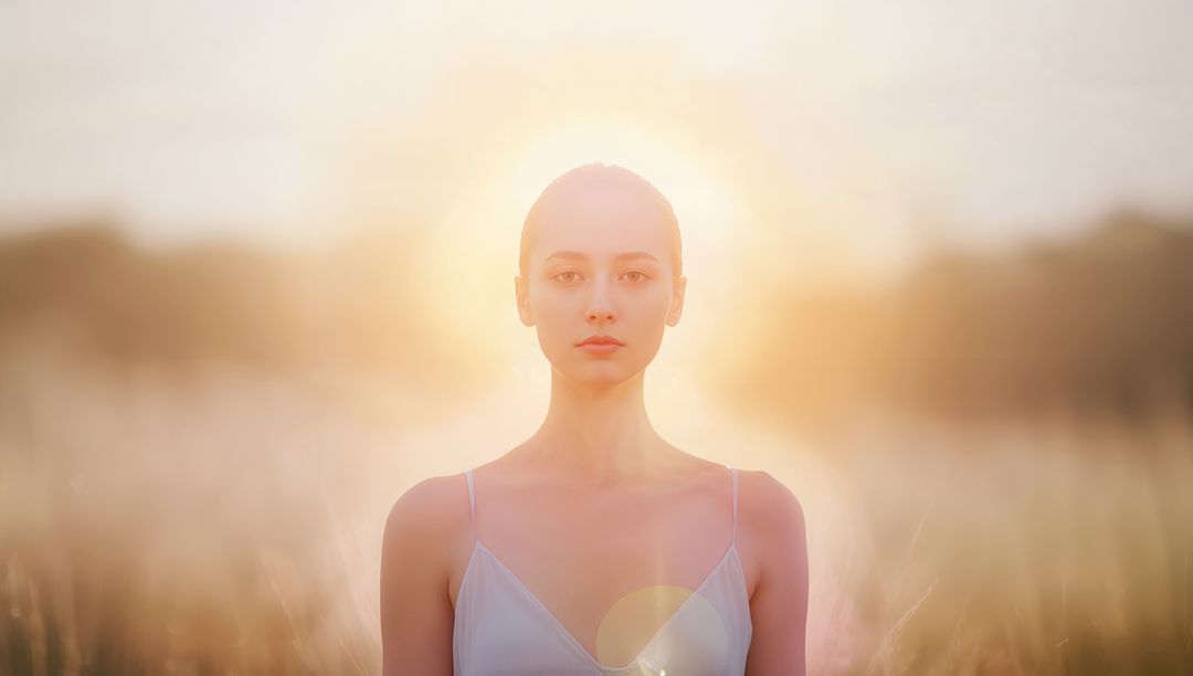 Serene woman standing in sunlit meadow with halo glow and soft golden bokeh