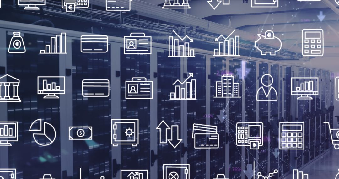 Digital Business Interface Overlaid on Server Room Background