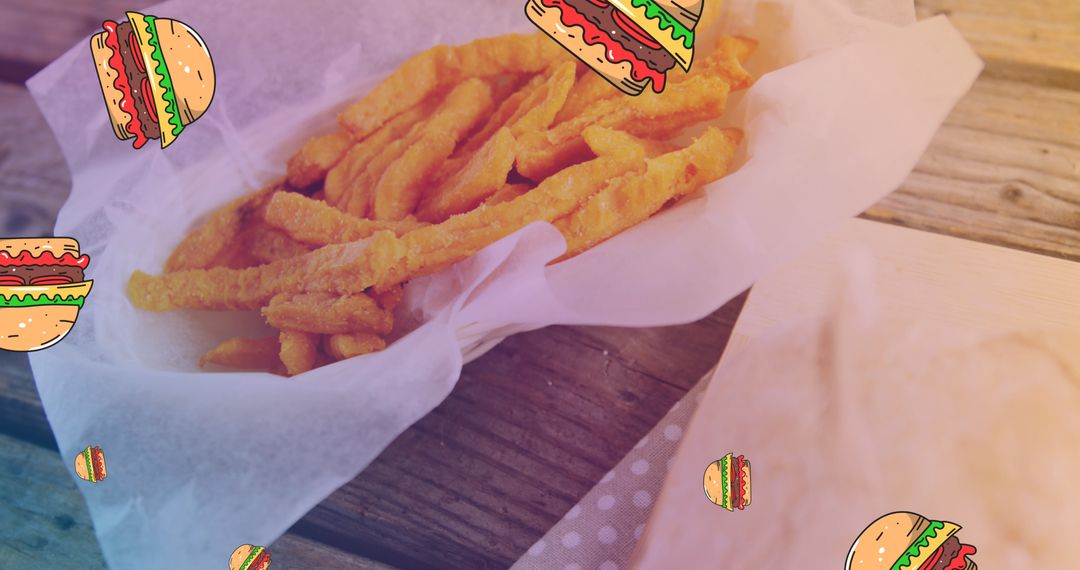 Floating Burgers and Fries Over Wooden Table Setting