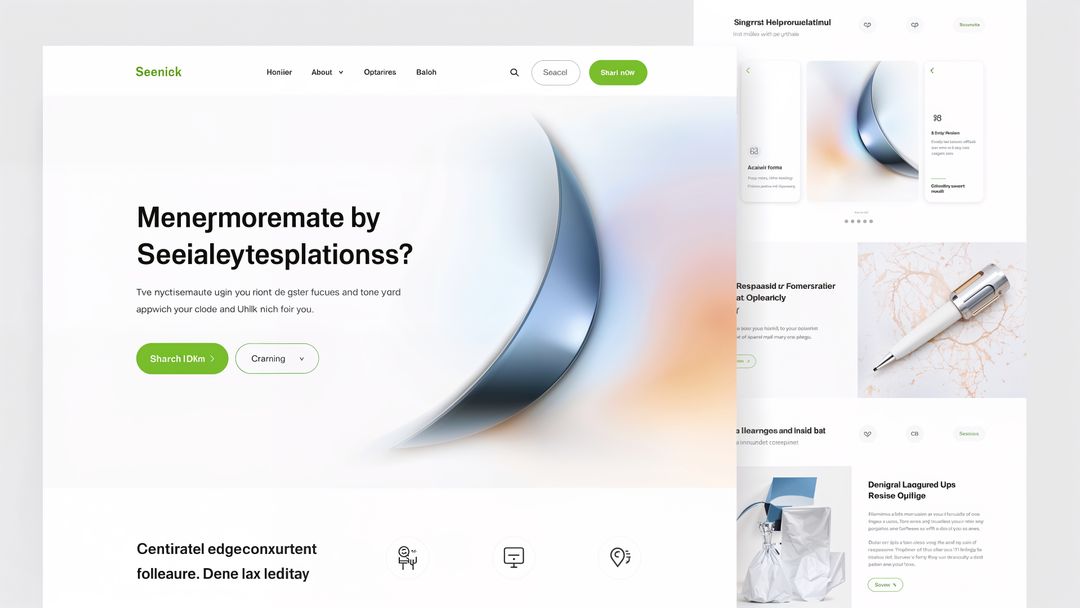 Futuristic website with abstract crescent and dual call-to-action buttons