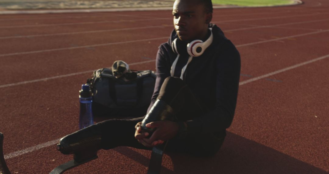 Athlete with Prosthetic Legs Preparing for Track Training Session - Free Images, Stock Photos and Pictures on Pikwizard.com