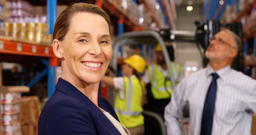 Confident Manager Smiling in Busy Warehouse Environment