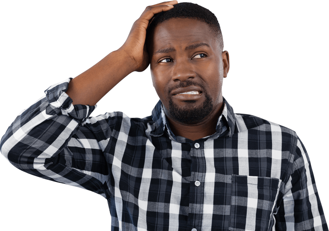 Confused African American Man Touching Head on Transparent Background