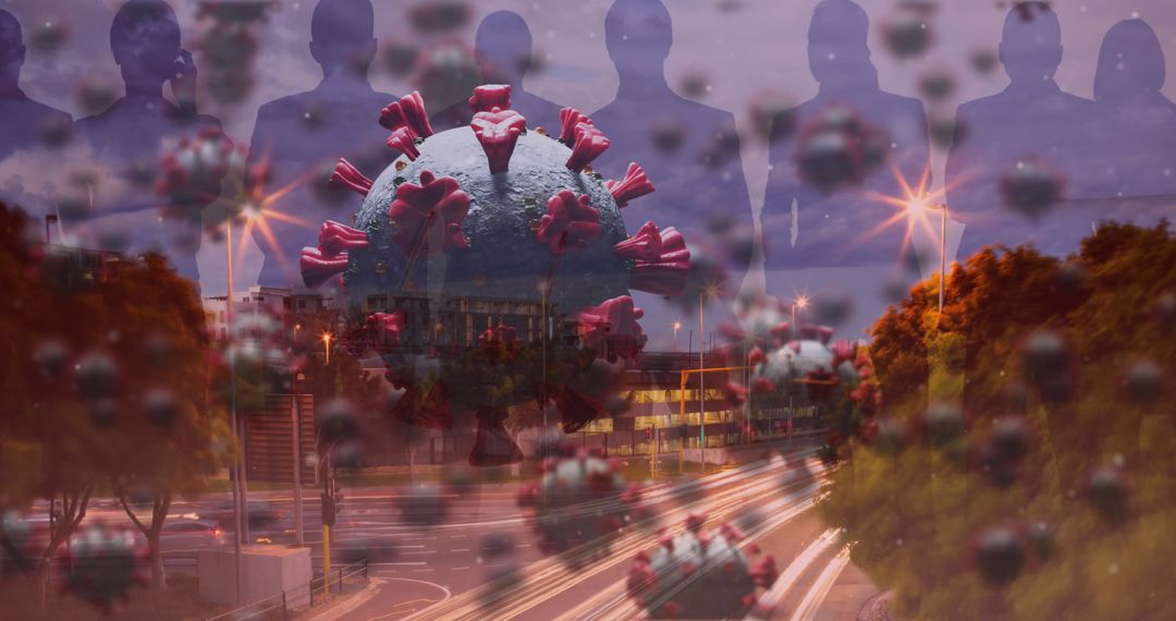 Covid-19 Virus Overlaying Urban Landscape with Silhouettes