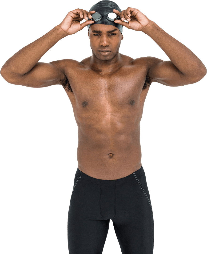 Confident African American Swimmer Adjusting Goggles Transparent Background