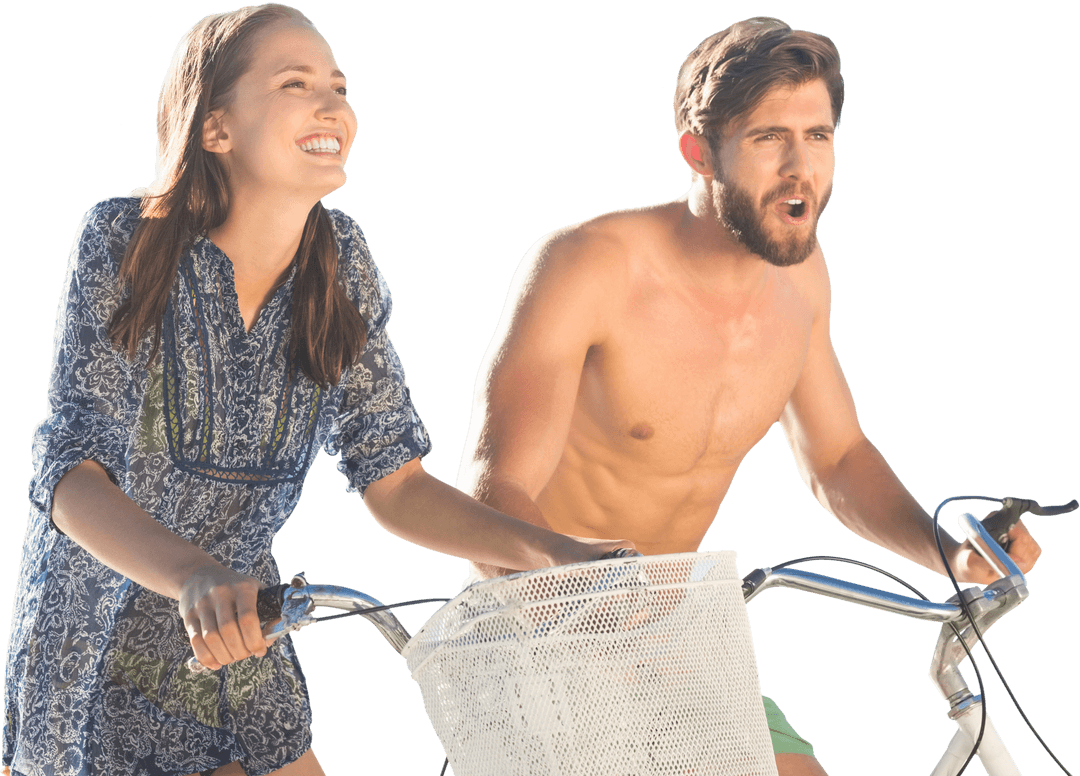 Summer Fun: Caucasian Couple Biking on Transparent Background