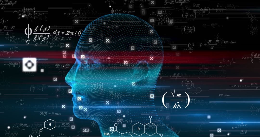 Digital Futuristic Head Among Mathematical Equations and Data