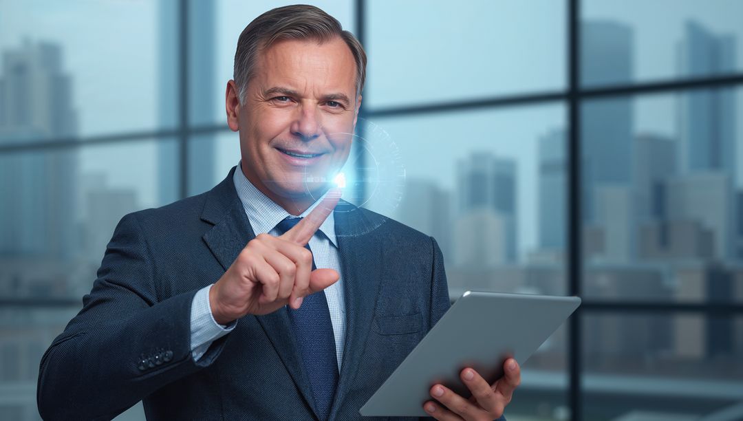 Senior Executive Interacting with Tablet Hologram in Modern Office