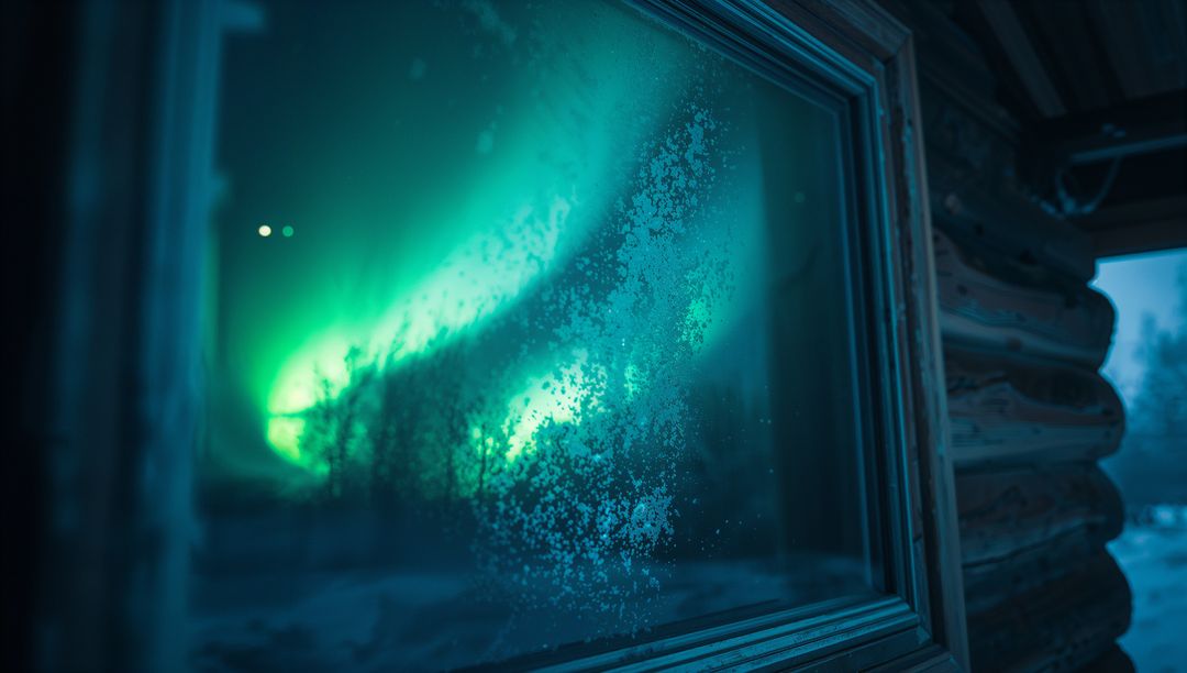 Frosted Window with Aurora Borealis Reflected in Cabin Scene