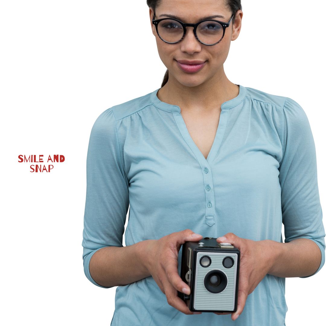 Young Photographer With Vintage Camera on White Background